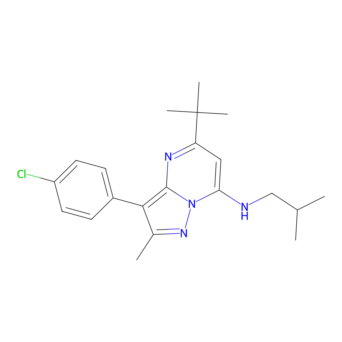 5-tert-butyl-3-(4-chlorophenyl)-2-methyl-N-(2-methylpropyl)pyrazolo[1,5-a]pyrimidin-7-amine molecular structure, CAS 849922-34-5