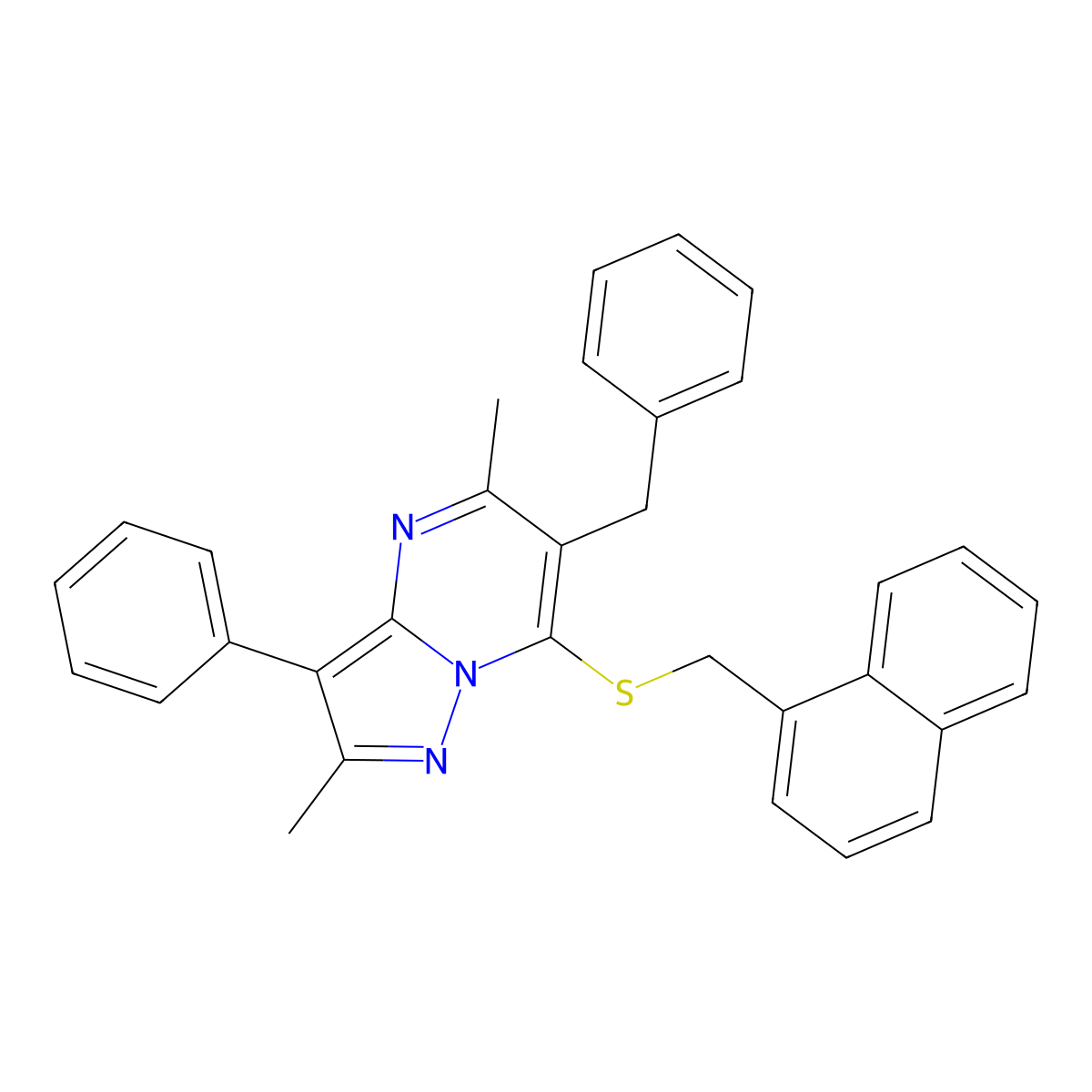6-Benzyl-2,5-dimethyl-7-[(naphthalen-1-ylmethyl)sulfanyl]-3-phenylpyrazolo[1,5-a]pyrimidine molecular structure, CAS 849924-22-7