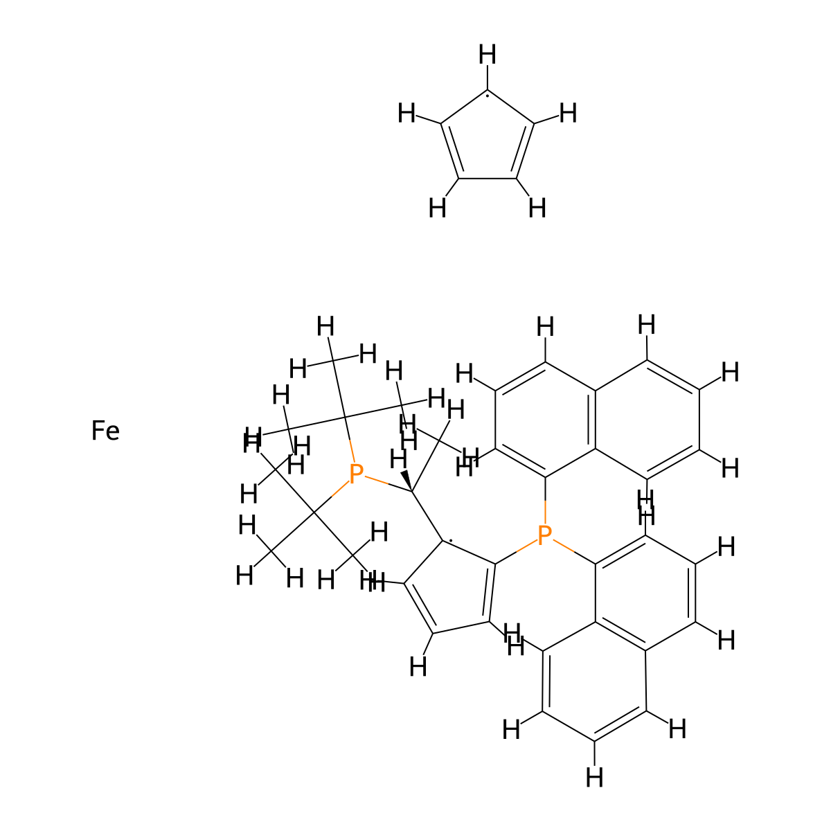 (2Sp)-1-[(1R)-1-[Bis(1,1-dimethylethyl)phosphino]ethyl]-2-(di-1-naphthalenylphosphino)ferrocene molecular structure, CAS 849924-43-2
