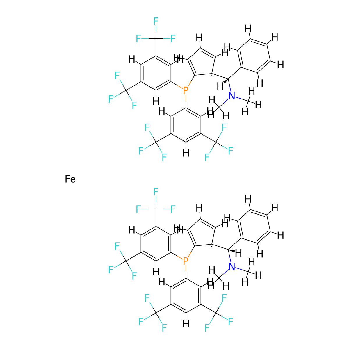 (1Rp,1'Rp)-1,1'-Bis[bis[3,5-bis(trifluoromethyl)phenyl]phosphino]-2,2'-bis[(S)-(dimethylamino)phenylmethyl]ferrocene molecular structure, CAS 849925-10-6