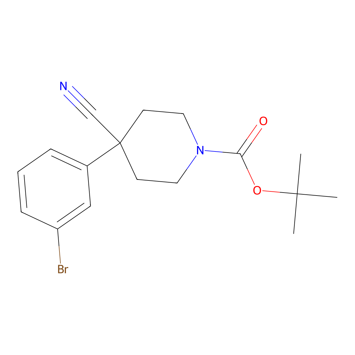 Tert-butyl 4-(3-bromophenyl)-4-cyanopiperidine-1-carboxylate molecular structure, CAS 849928-28-5
