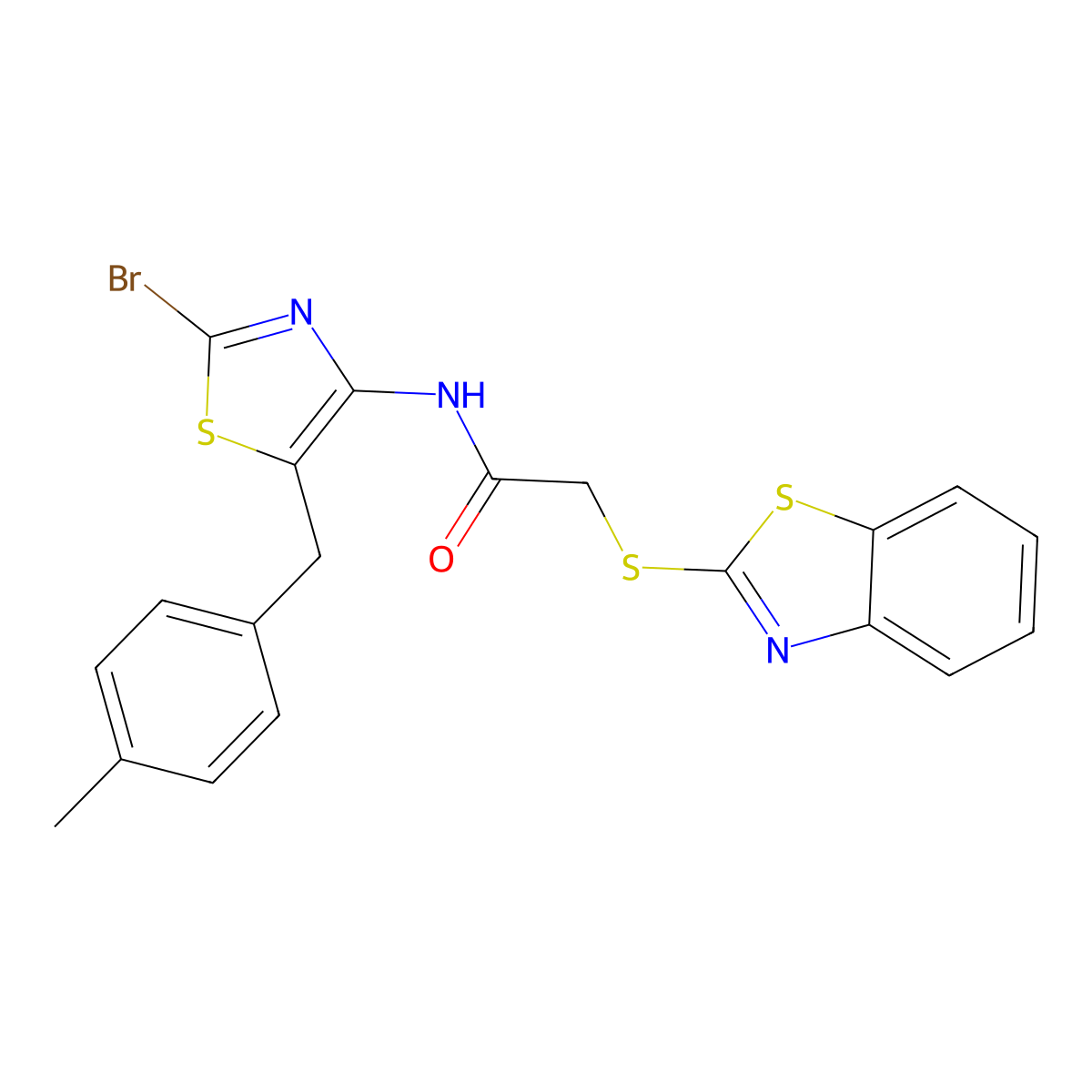 2-(1,3-benzothiazol-2-ylsulfanyl)-N-[2-bromo-5-(4-methylbenzyl)-1,3-thiazol-4-yl]acetamide molecular structure, CAS 850020-88-1