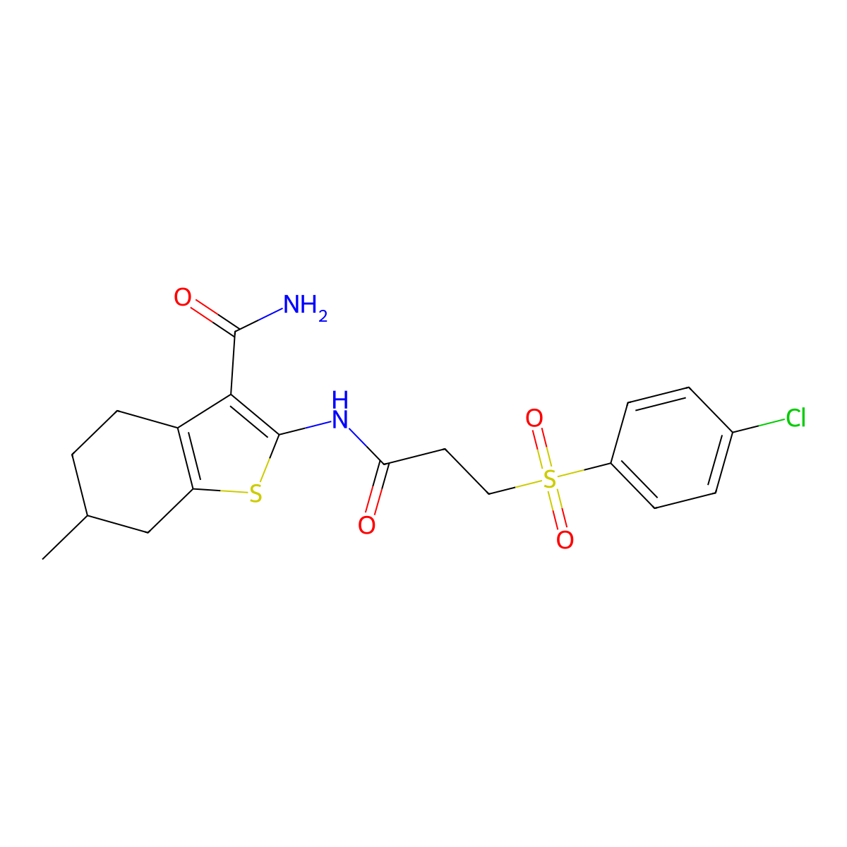 2-(3-((4-Chlorophenyl)sulfonyl)propanamido)-6-methyl-4,5,6,7-tetrahydrobenzo[b]thiophene-3-carboxamide molecular structure, CAS 850023-30-2
