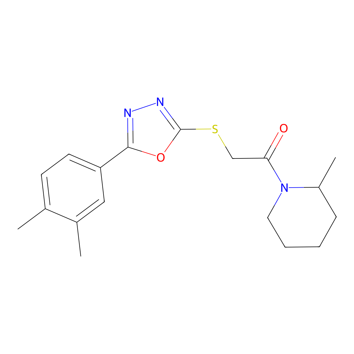 2-((5-(3,4-Dimethylphenyl)-1,3,4-oxadiazol-2-yl)thio)-1-(2-methylpiperidin-1-yl)ethanone molecular structure, CAS 850091-73-5