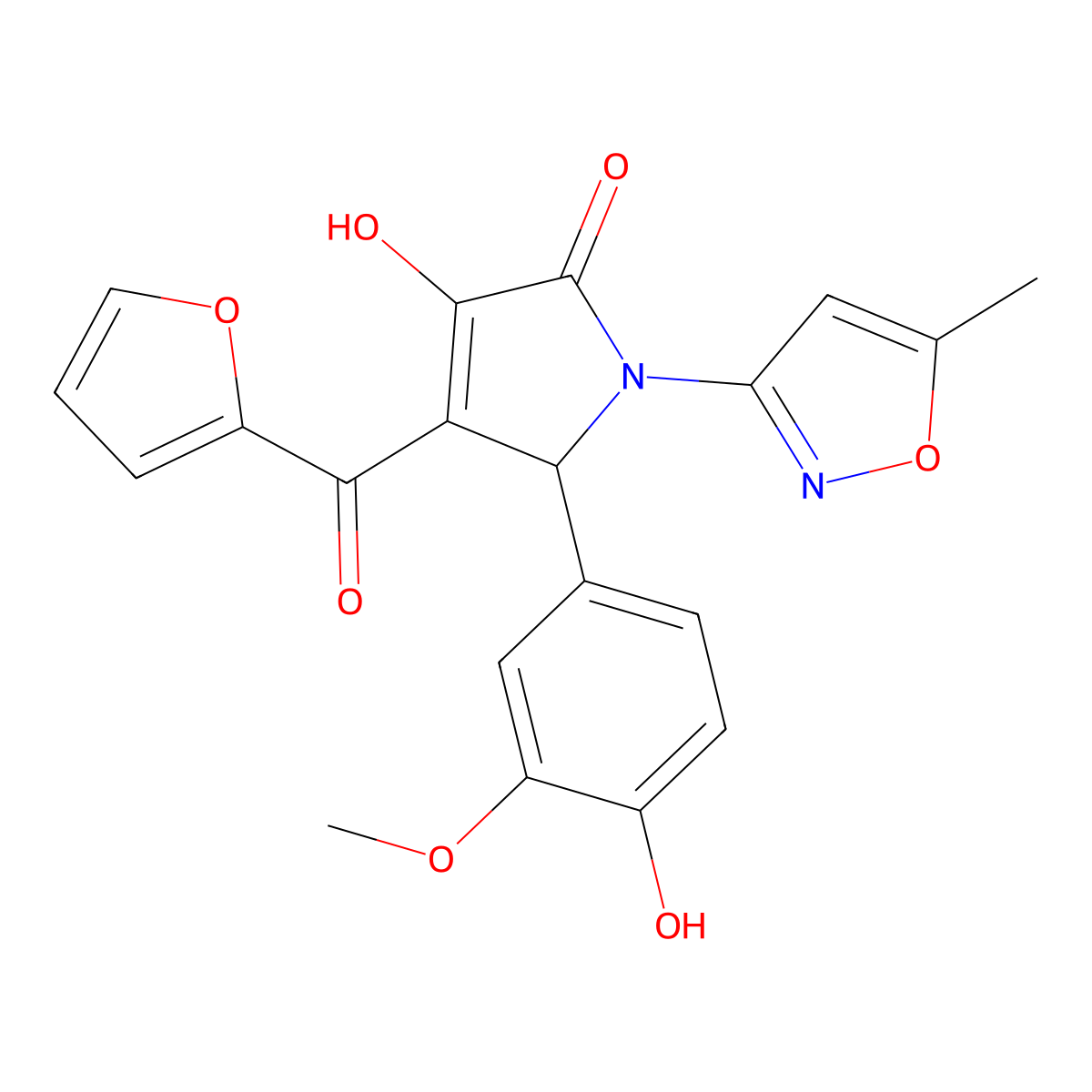 (4E)-4-[furan-2-yl(hydroxy)methylidene]-5-(4-hydroxy-3-methoxyphenyl)-1-(5-methyl-1,2-oxazol-3-yl)pyrrolidine-2,3-dione molecular structure, CAS 850156-72-8