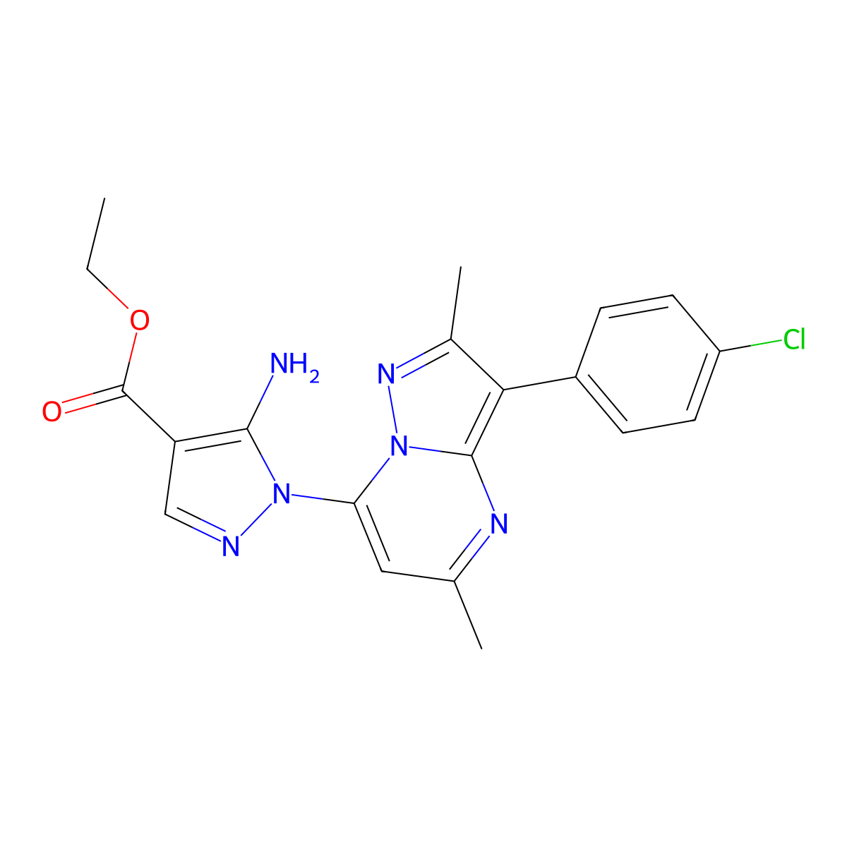 ethyl 5-amino-1-(3-(4-chlorophenyl)-2,5-dimethylpyrazolo[1,5-a]pyrimidin-7-yl)-1H-pyrazole-4-carboxylate molecular structure, CAS 850157-02-7