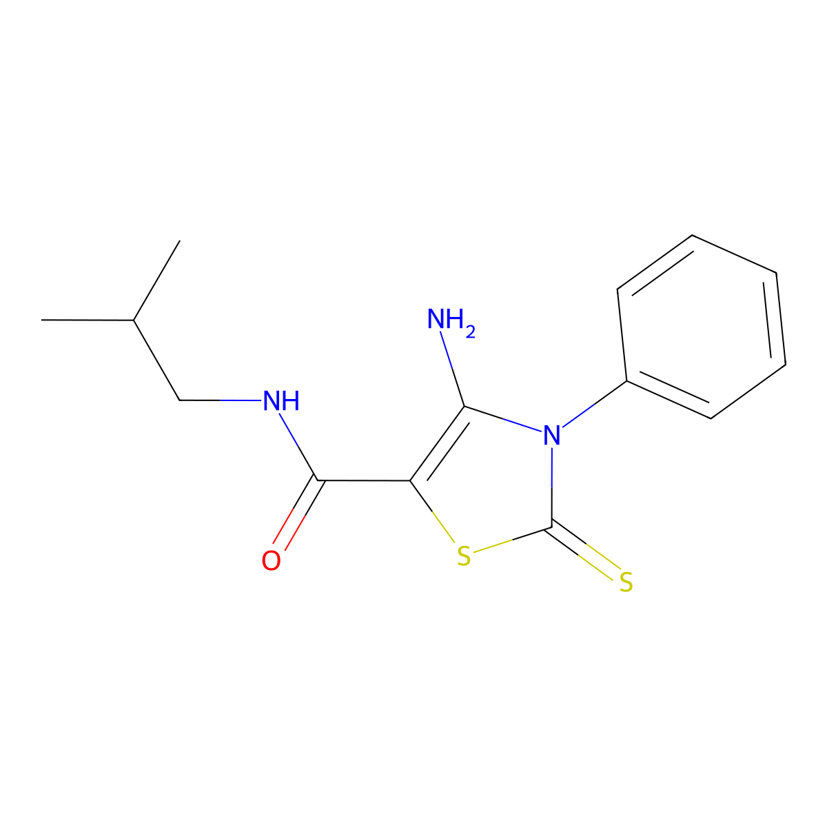 4-amino-N-(2-methylpropyl)-3-phenyl-2-thioxo-2,3-dihydro-1,3-thiazole-5-carboxamide molecular structure, CAS 850157-60-7