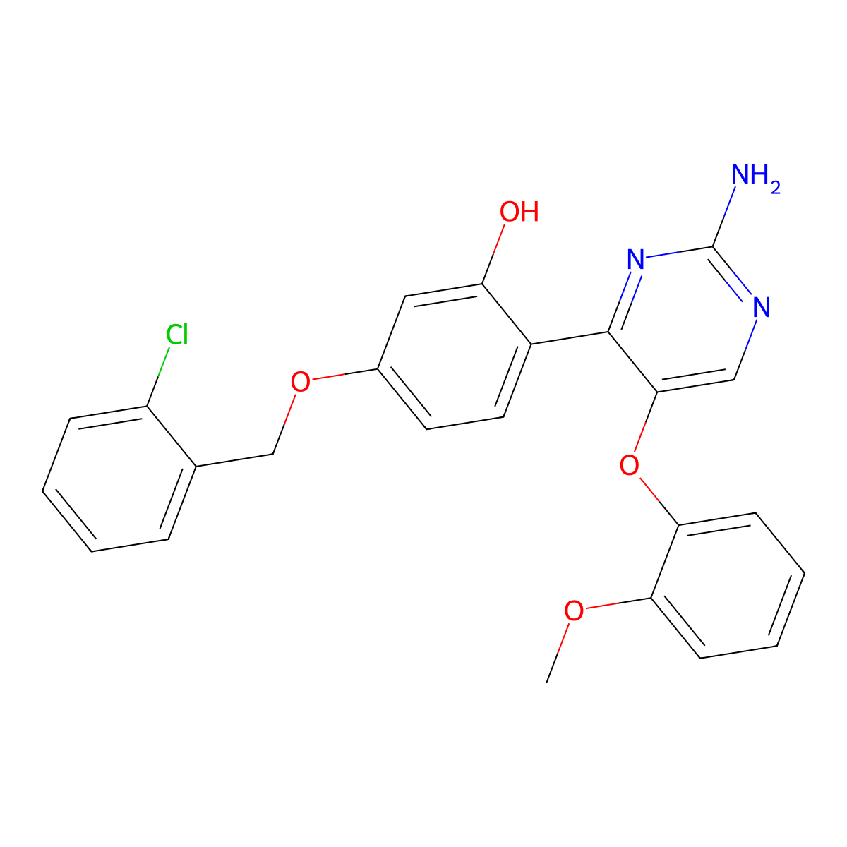2-(2-Amino-5-(2-methoxyphenoxy)pyrimidin-4-yl)-5-((2-chlorobenzyl)oxy)phenol molecular structure, CAS 850157-76-5