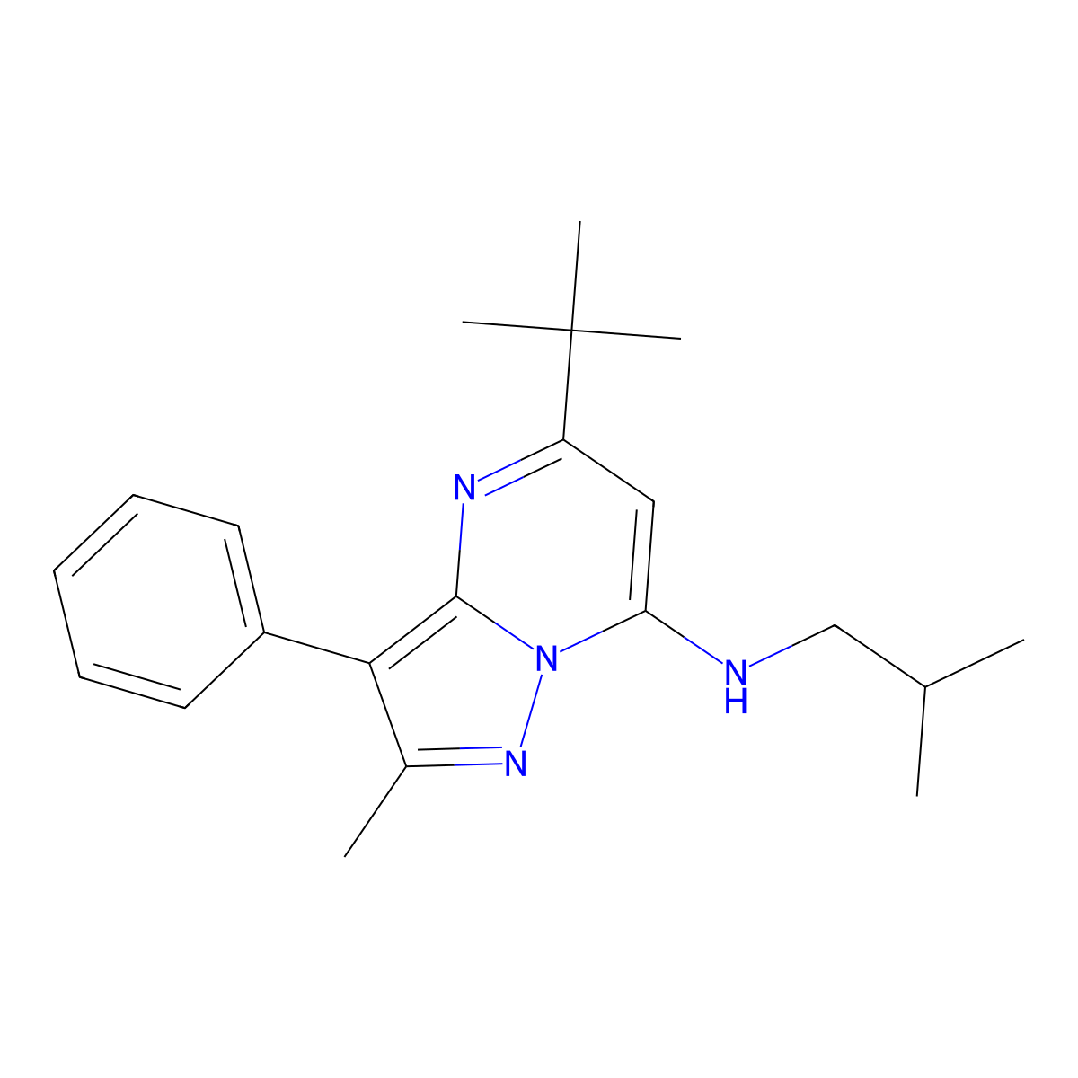 5-tert-butyl-2-methyl-N-(2-methylpropyl)-3-phenylpyrazolo[1,5-a]pyrimidin-7-amine molecular structure, CAS 850157-85-6