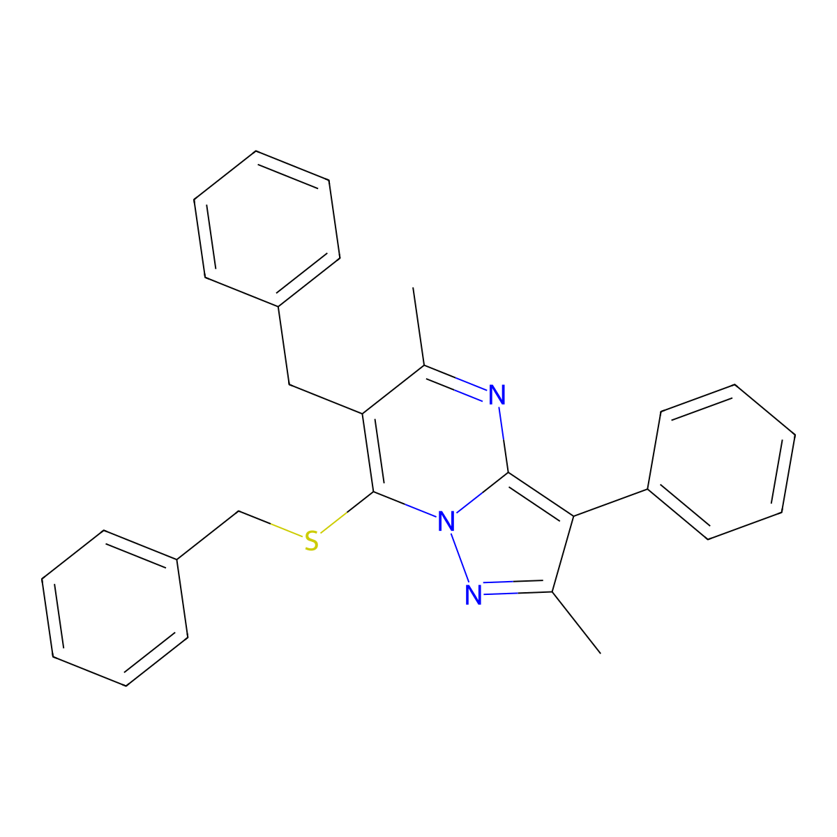 6-Benzyl-7-(benzylsulfanyl)-2,5-dimethyl-3-phenylpyrazolo[1,5-a]pyrimidine molecular structure, CAS 850158-05-3