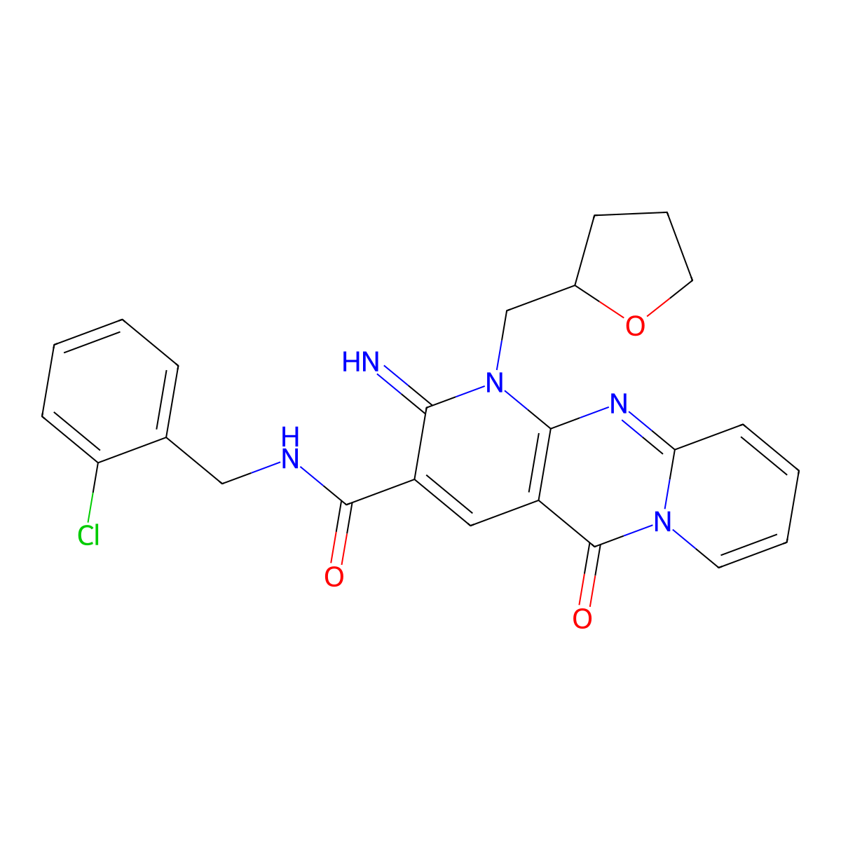 N-[(2-chlorophenyl)methyl]-6-imino-2-oxo-7-[(oxolan-2-yl)methyl]-1,7,9-triazatricyclo[8.4.0.0^{3,8}]tetradeca-3(8),4,9,11,13-pentaene-5-carboxamide molecular structure, CAS 850158-59-7