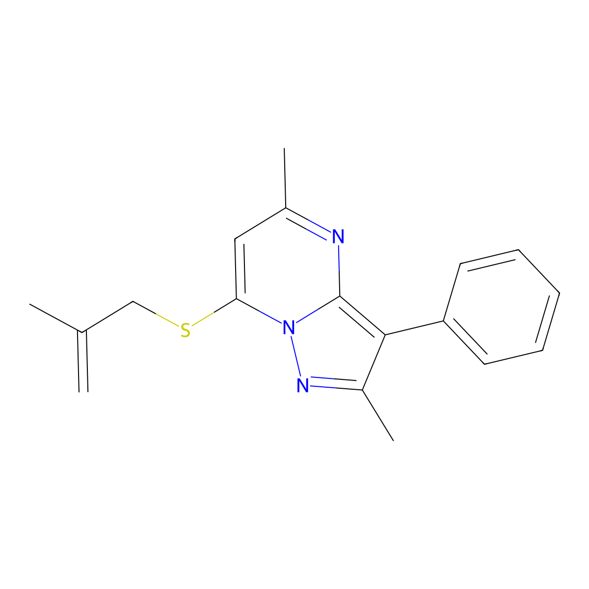2,5-Dimethyl-7-[(2-methylprop-2-en-1-yl)sulfanyl]-3-phenylpyrazolo[1,5-a]pyrimidine molecular structure, CAS 850160-19-9