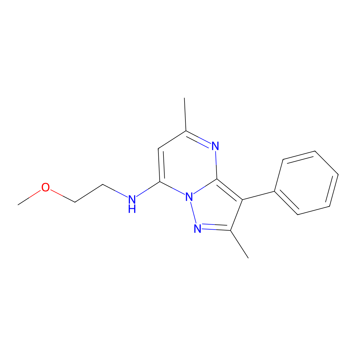 N-(2-methoxyethyl)-2,5-dimethyl-3-phenylpyrazolo[1,5-a]pyrimidin-7-amine molecular structure, CAS 850186-51-5
