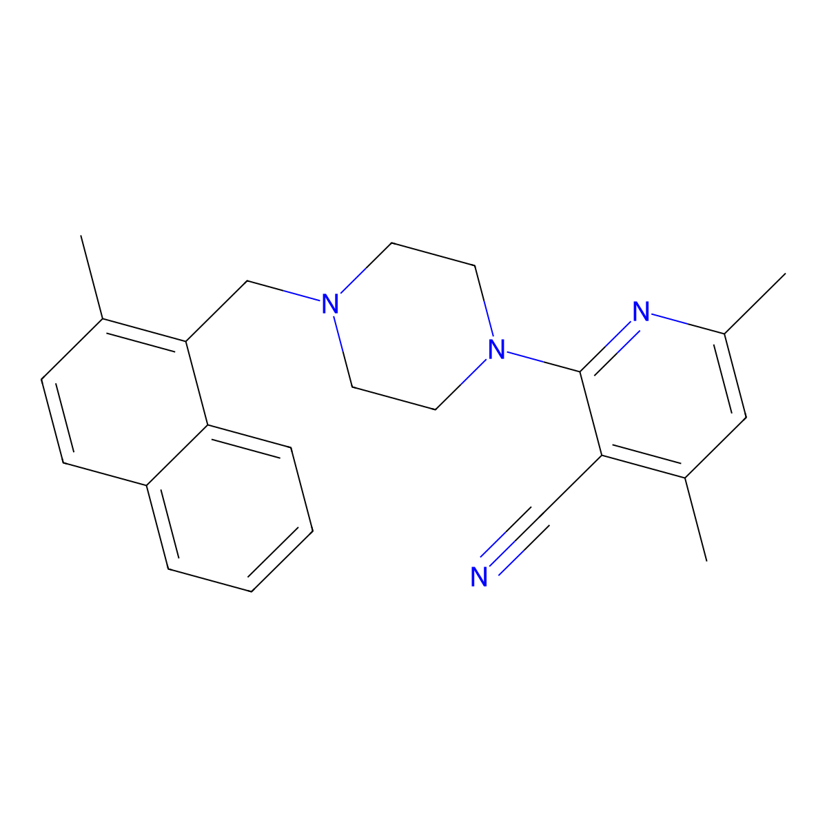 4,6-Dimethyl-2-(4-((2-methylnaphthalen-1-yl)methyl)piperazin-1-yl)nicotinonitrile molecular structure, CAS 850186-52-6