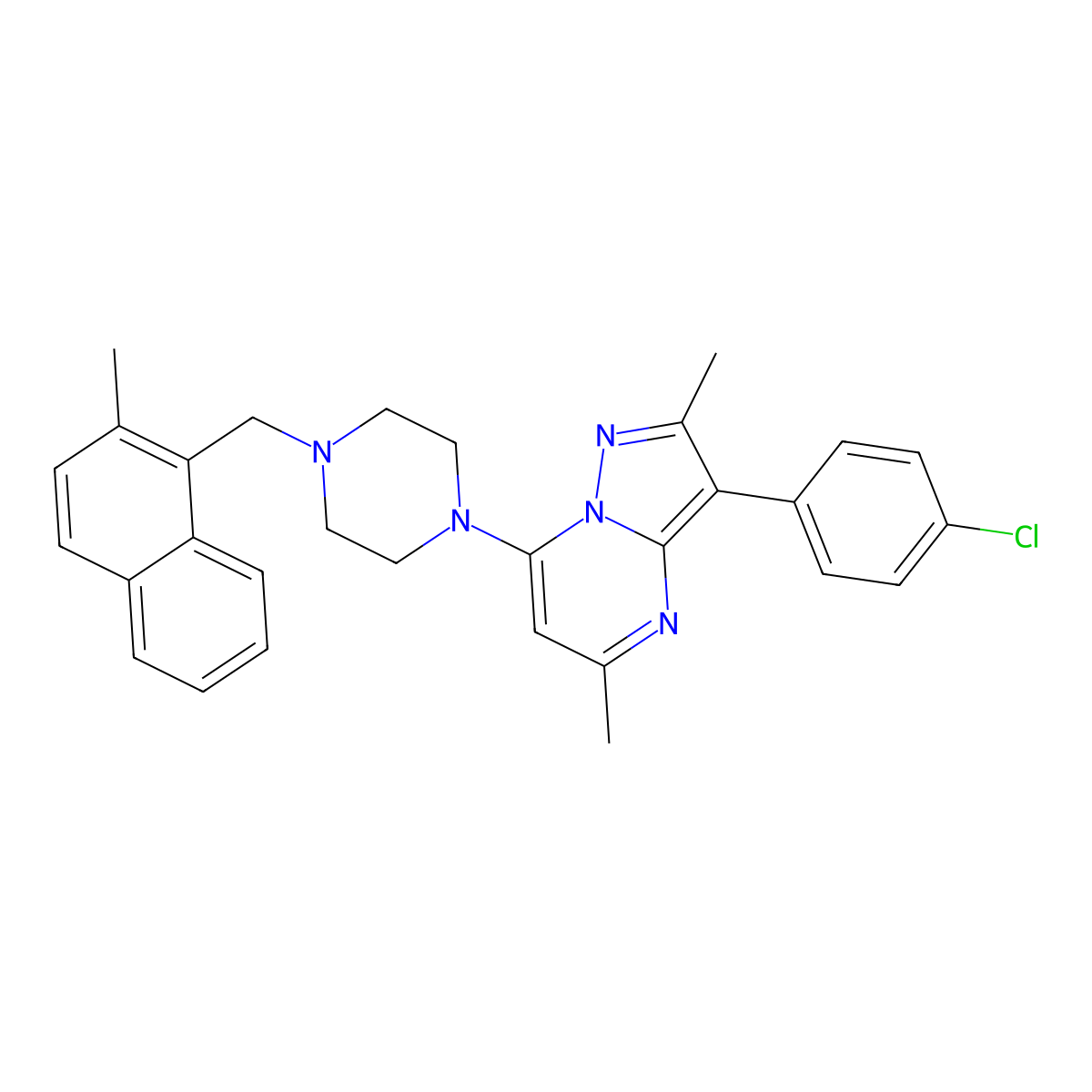 3-(4-Chlorophenyl)-2,5-dimethyl-7-{4-[(2-methylnaphthalen-1-yl)methyl]piperazin-1-yl}pyrazolo[1,5-a]pyrimidine molecular structure, CAS 850187-57-4