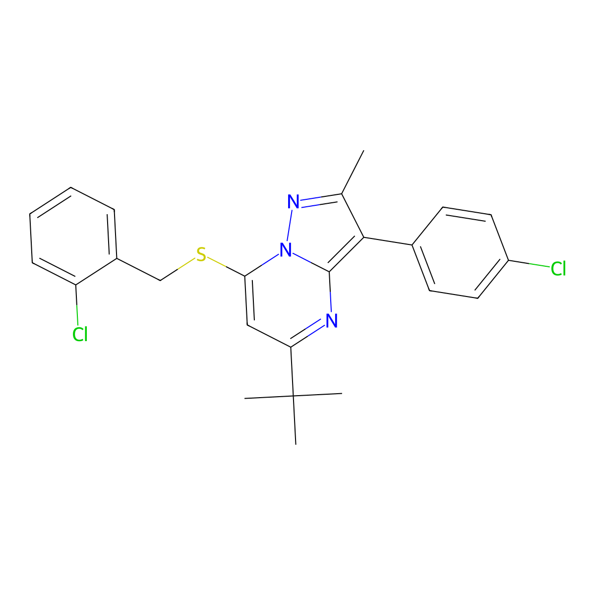 5-Tert-butyl-7-[(2-chlorobenzyl)sulfanyl]-3-(4-chlorophenyl)-2-methylpyrazolo[1,5-a]pyrimidine molecular structure, CAS 850187-68-7