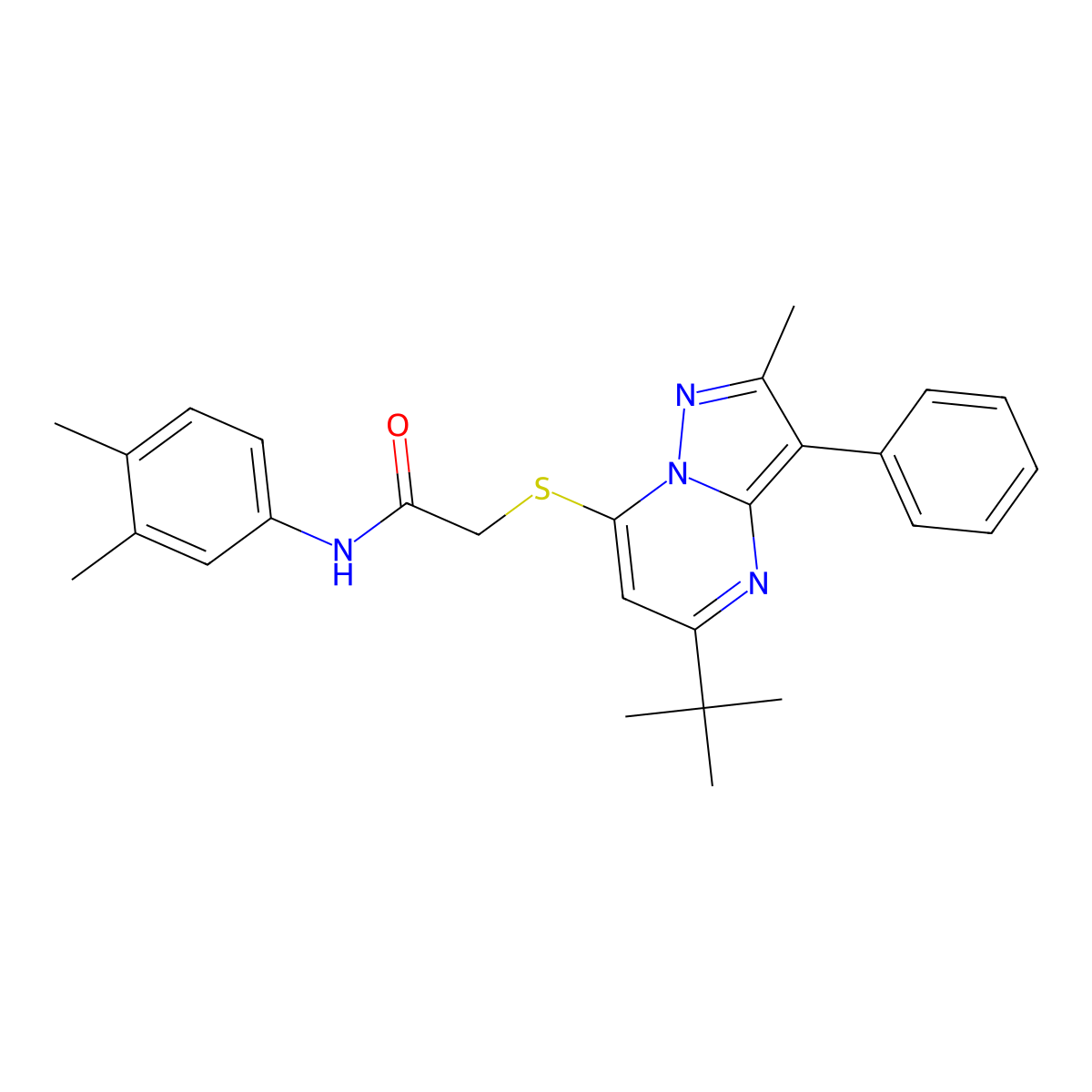 2-[(5-tert-butyl-2-methyl-3-phenylpyrazolo[1,5-a]pyrimidin-7-yl)sulfanyl]-N-(3,4-dimethylphenyl)acetamide molecular structure, CAS 850188-01-1