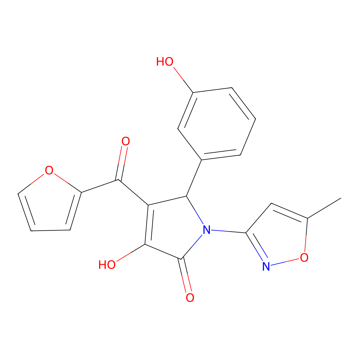 4-(furan-2-ylcarbonyl)-3-hydroxy-5-(3-hydroxyphenyl)-1-(5-methyl-1,2-oxazol-3-yl)-1,5-dihydro-2H-pyrrol-2-one molecular structure, CAS 850188-61-3