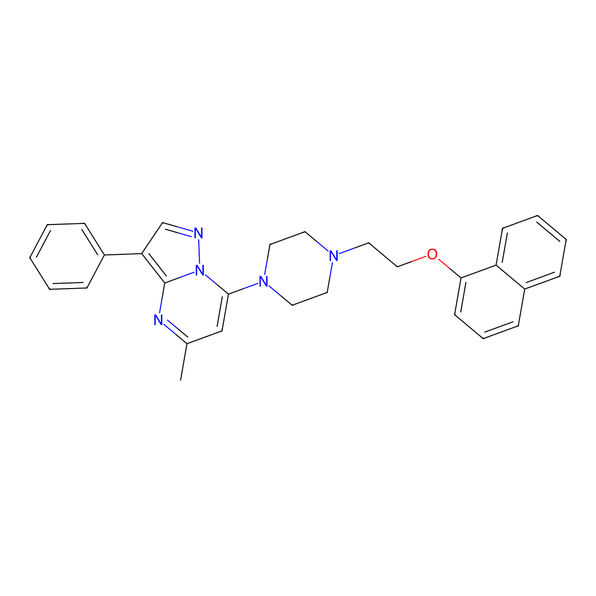 5-Methyl-7-(4-(2-(naphthalen-1-yloxy)ethyl)piperazin-1-yl)-3-phenylpyrazolo[1,5-a]pyrimidine molecular structure, CAS 850189-14-9