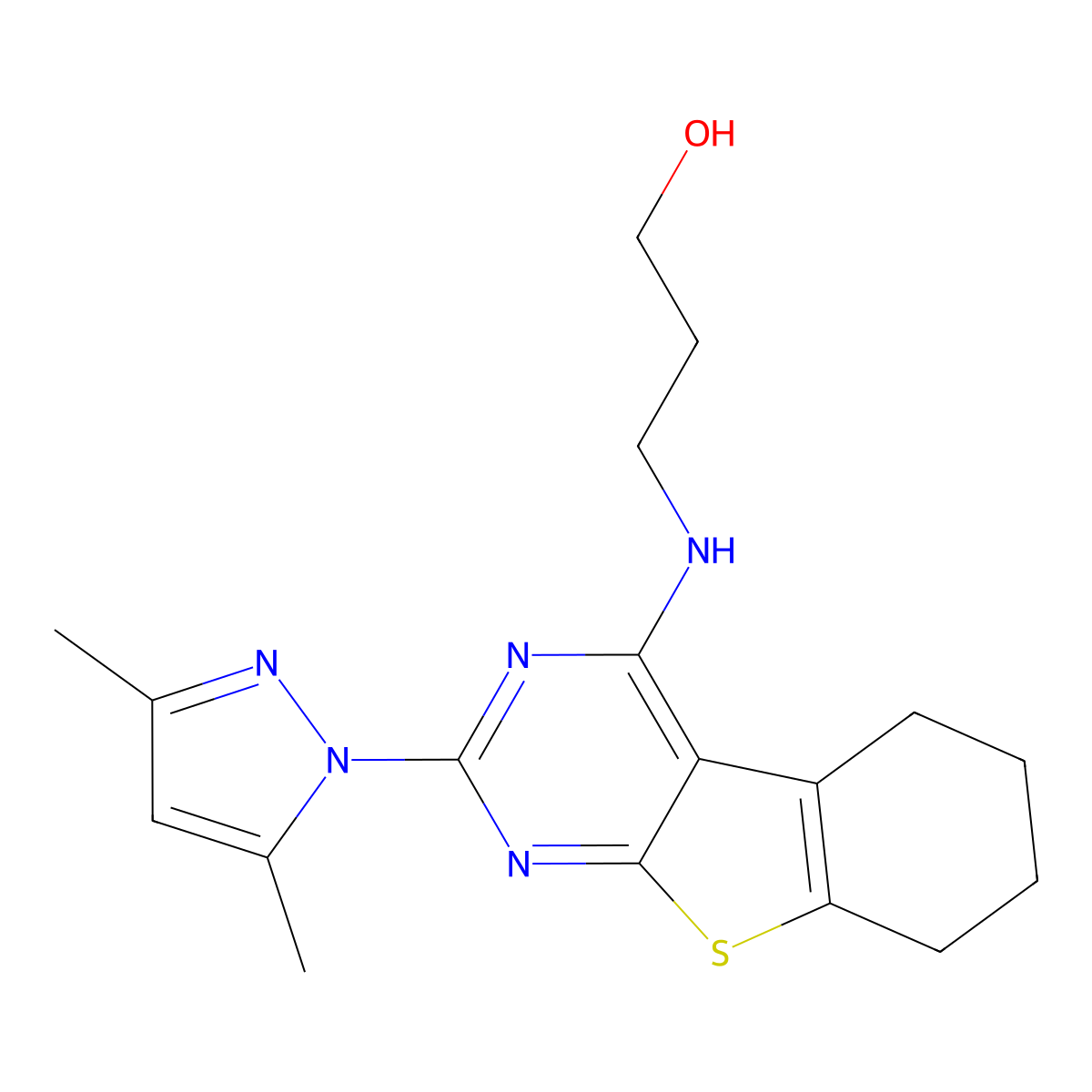 3-[[2-(3,5-Dimethylpyrazol-1-yl)-5,6,7,8-tetrahydro-[1]benzothiolo[2,3-d]pyrimidin-4-yl]amino]propan-1-ol molecular structure, CAS 850189-57-0