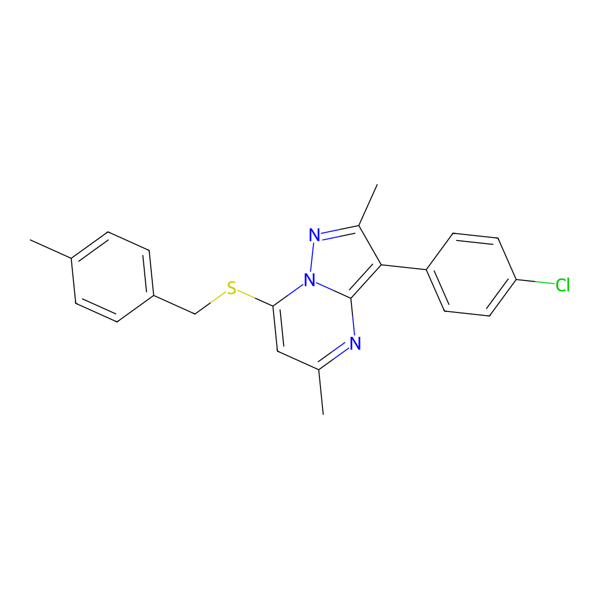 3-(4-Chlorophenyl)-2,5-dimethyl-7-[(4-methylbenzyl)sulfanyl]pyrazolo[1,5-a]pyrimidine molecular structure, CAS 850189-99-0