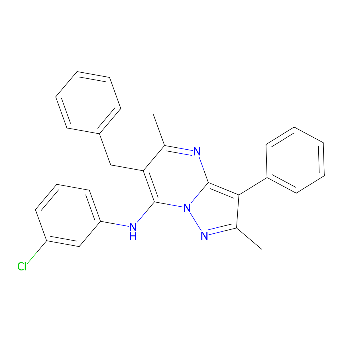 6-benzyl-N-(3-chlorophenyl)-2,5-dimethyl-3-phenylpyrazolo[1,5-a]pyrimidin-7-amine molecular structure, CAS 850190-54-4