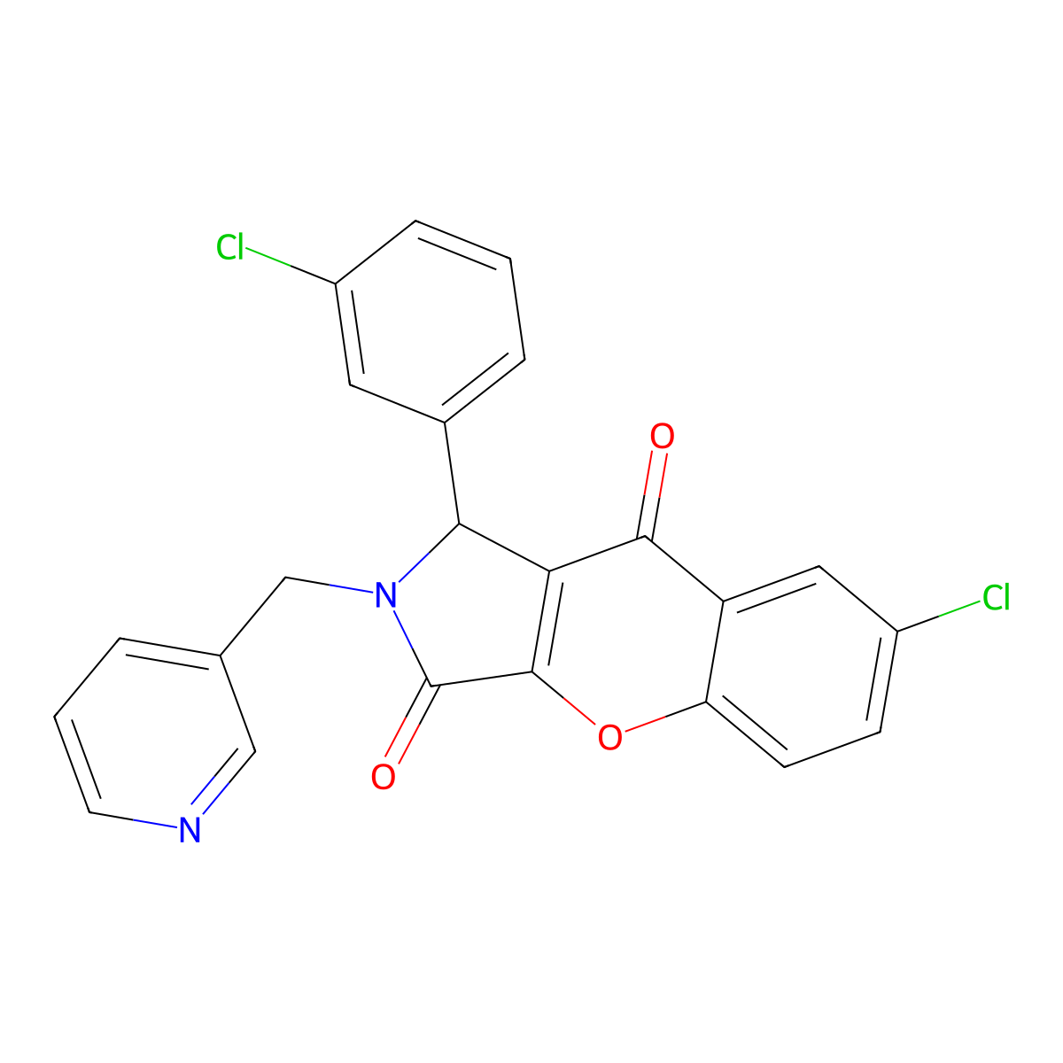 7-Chloro-1-(3-chlorophenyl)-2-(pyridin-3-ylmethyl)-1,2-dihydrochromeno[2,3-c]pyrrole-3,9-dione molecular structure, CAS 850190-72-6