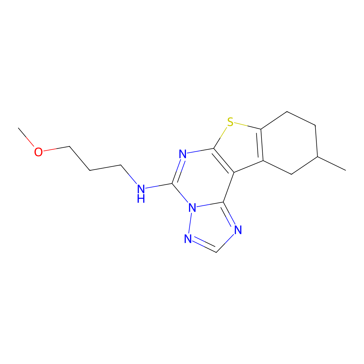 3-methoxy-N-(10-methyl-8,9,10,11-tetrahydrobenzo[4,5]thieno[3,2-e][1,2,4]triazolo[1,5-c]pyrimidin-5(6H)-ylidene)propan-1-amine molecular structure, CAS 850190-92-0