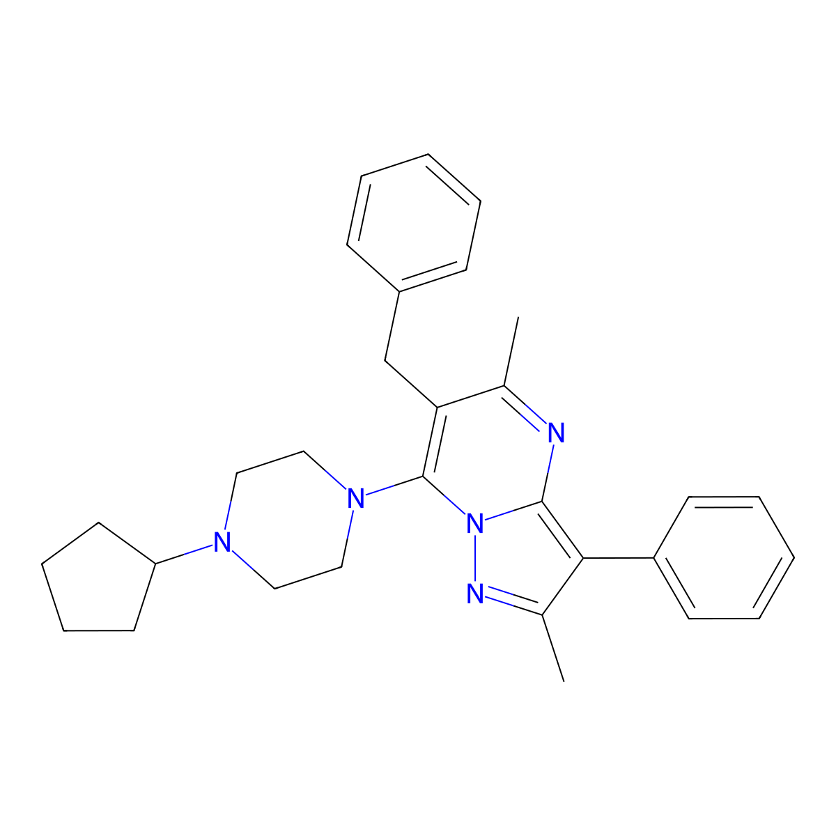 6-Benzyl-7-(4-cyclopentylpiperazin-1-yl)-2,5-dimethyl-3-phenylpyrazolo[1,5-a]pyrimidine molecular structure, CAS 850191-11-6