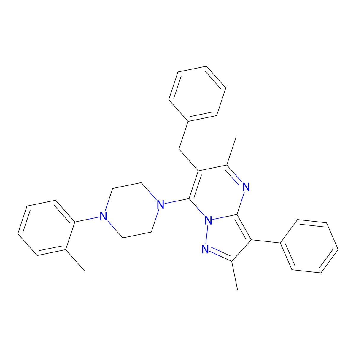 6-Benzyl-2,5-dimethyl-7-[4-(2-methylphenyl)piperazin-1-yl]-3-phenylpyrazolo[1,5-a]pyrimidine molecular structure, CAS 850191-33-2