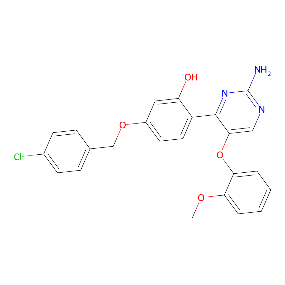 2-(2-Amino-5-(2-methoxyphenoxy)pyrimidin-4-yl)-5-((4-chlorobenzyl)oxy)phenol molecular structure, CAS 850191-45-6
