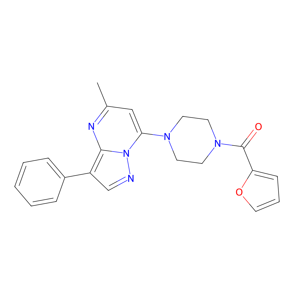 Furan-2-yl(4-(5-methyl-3-phenylpyrazolo[1,5-a]pyrimidin-7-yl)piperazin-1-yl)methanone molecular structure, CAS 850191-57-0