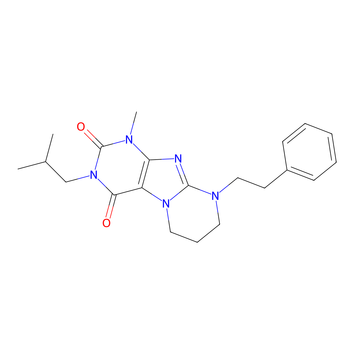 3-isobutyl-1-methyl-9-phenethyl-6,7,8,9-tetrahydropyrimido[2,1-f]purine-2,4(1H,3H)-dione molecular structure, CAS 850192-25-5