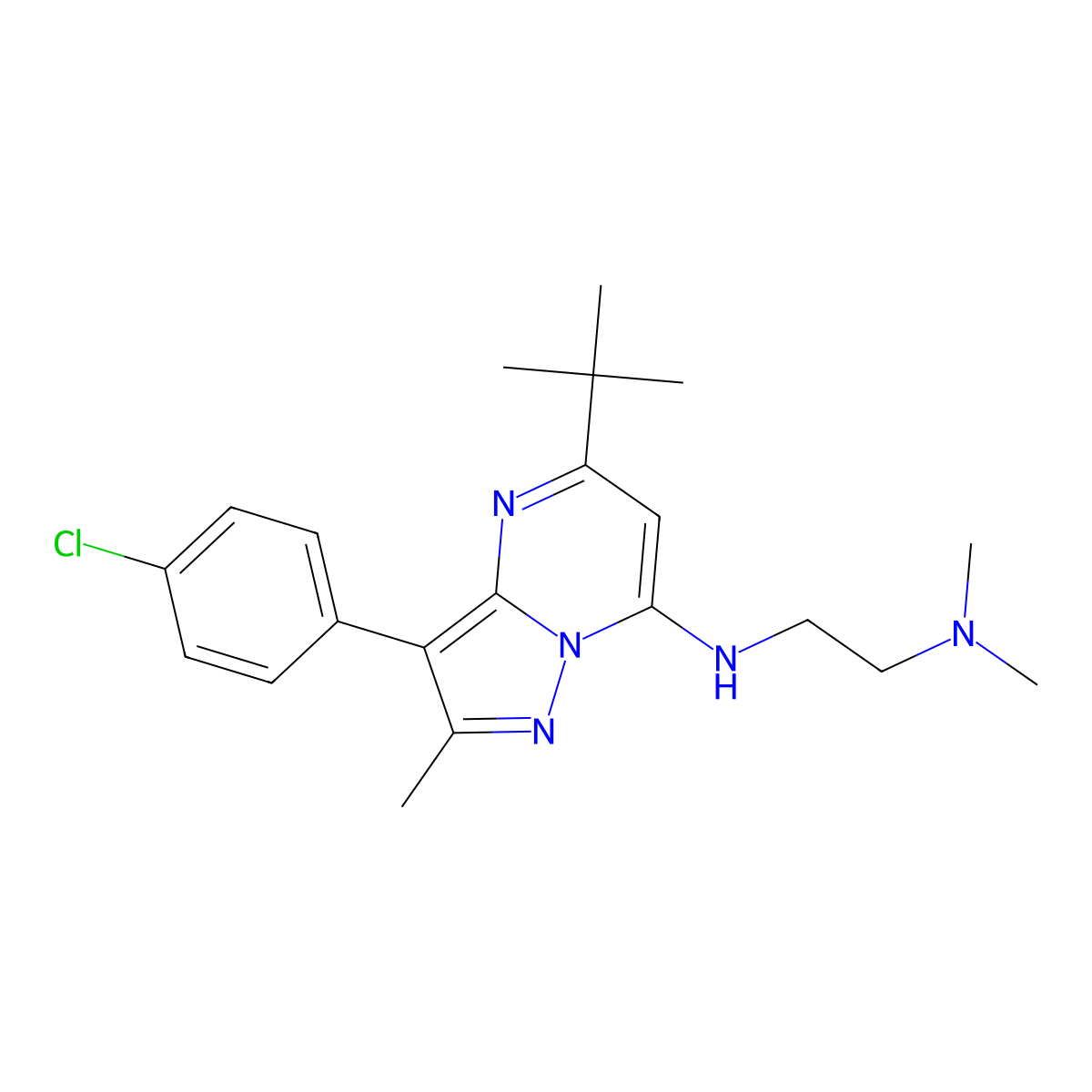 5-tert-butyl-3-(4-chlorophenyl)-N-[2-(dimethylamino)ethyl]-2-methylpyrazolo[1,5-a]pyrimidin-7-amine molecular structure, CAS 850192-70-0