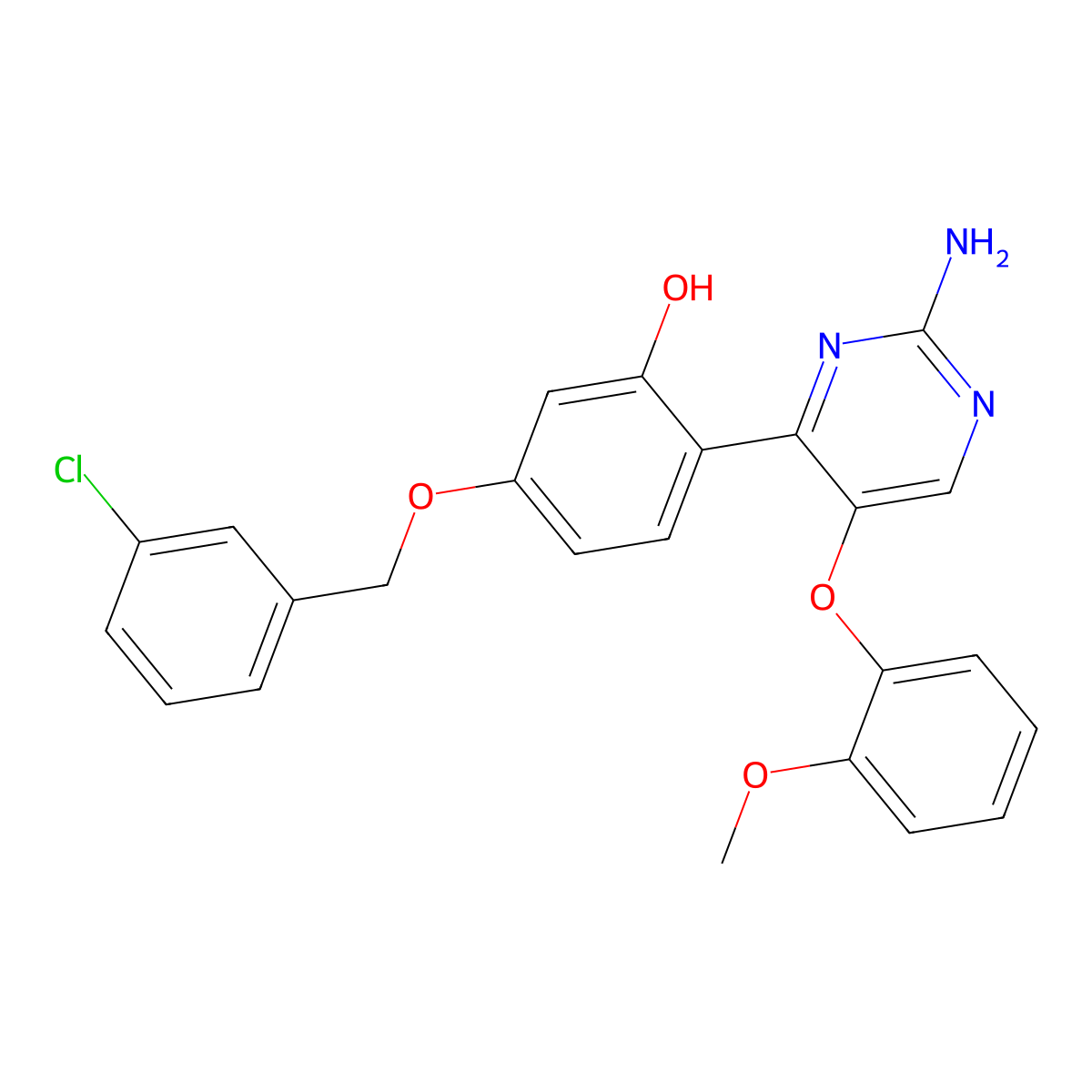2-(2-Amino-5-(2-methoxyphenoxy)pyrimidin-4-yl)-5-((3-chlorobenzyl)oxy)phenol molecular structure, CAS 850192-96-0