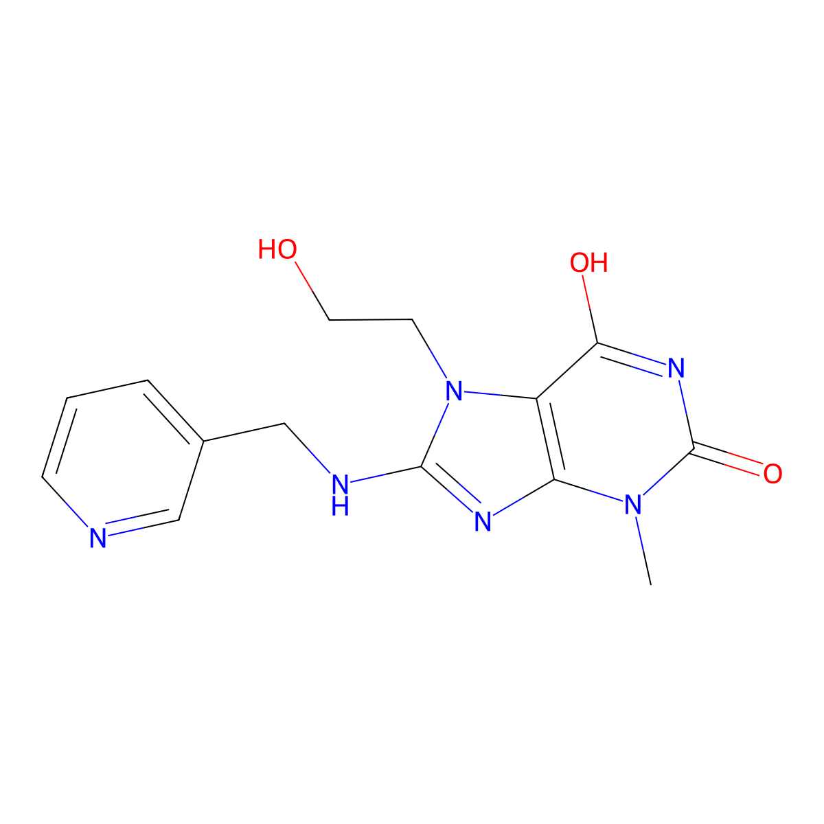 6-hydroxy-7-(2-hydroxyethyl)-3-methyl-8-[(pyridin-3-ylmethyl)amino]-3,7-dihydro-2H-purin-2-one molecular structure, CAS 850193-43-0