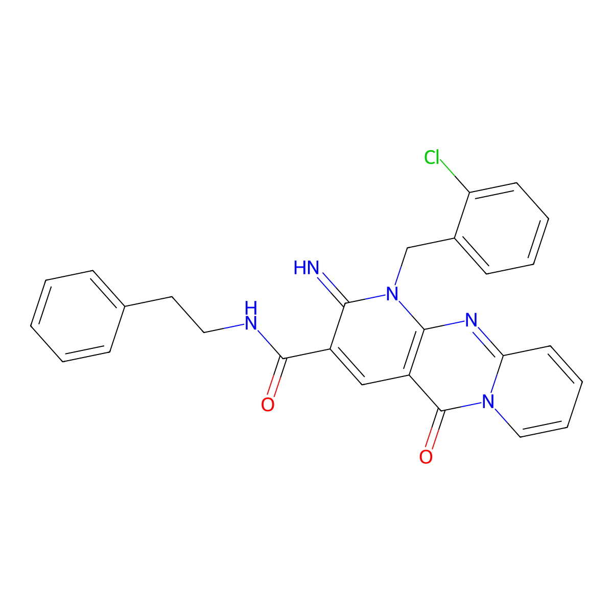 7-[(2-chlorophenyl)methyl]-6-imino-2-oxo-N-(2-phenylethyl)-1,7,9-triazatricyclo[8.4.0.0^{3,8}]tetradeca-3(8),4,9,11,13-pentaene-5-carboxamide molecular structure, CAS 850193-45-2