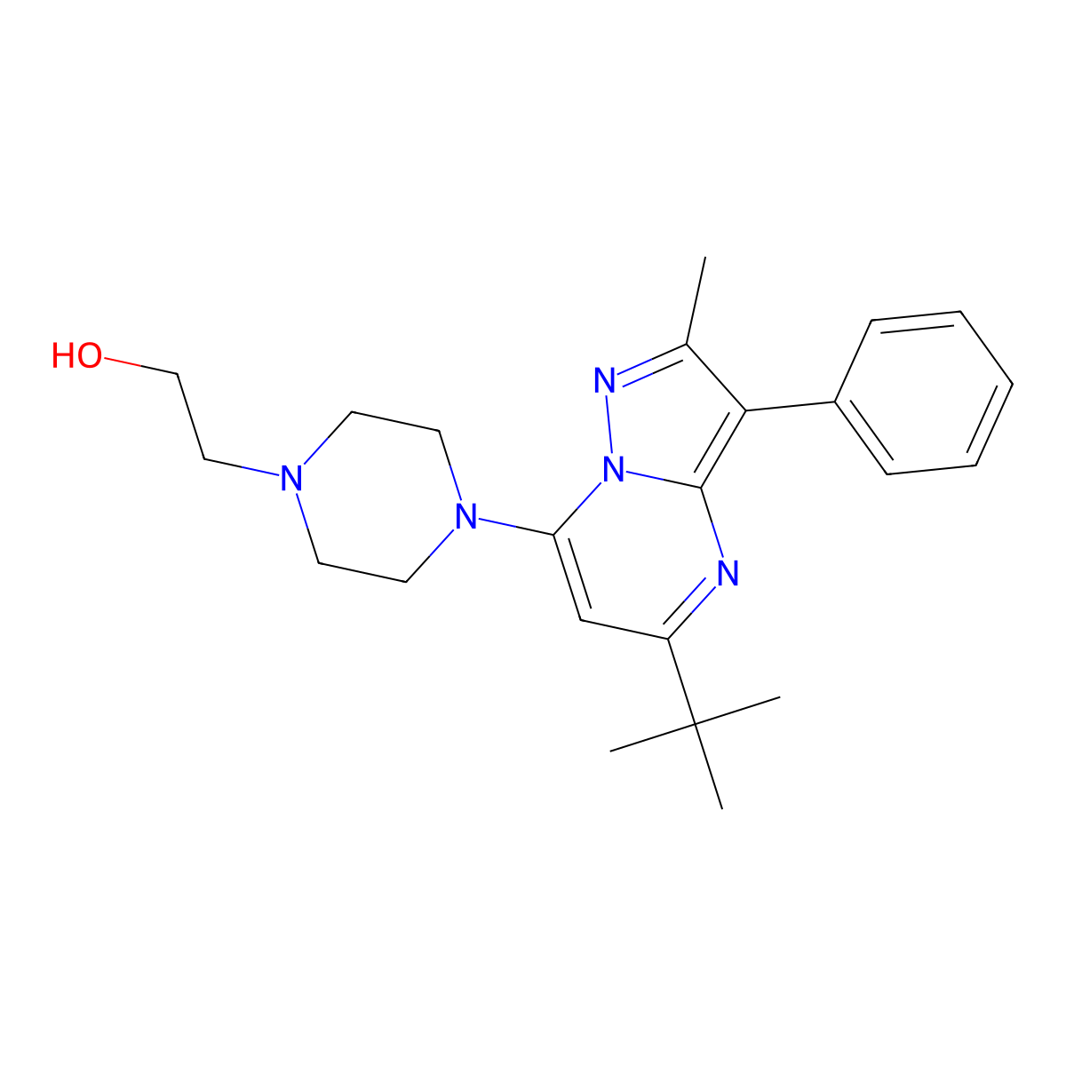 2-[4-(5-Tert-butyl-2-methyl-3-phenylpyrazolo[1,5-a]pyrimidin-7-yl)piperazin-1-yl]ethanol molecular structure, CAS 850193-51-0
