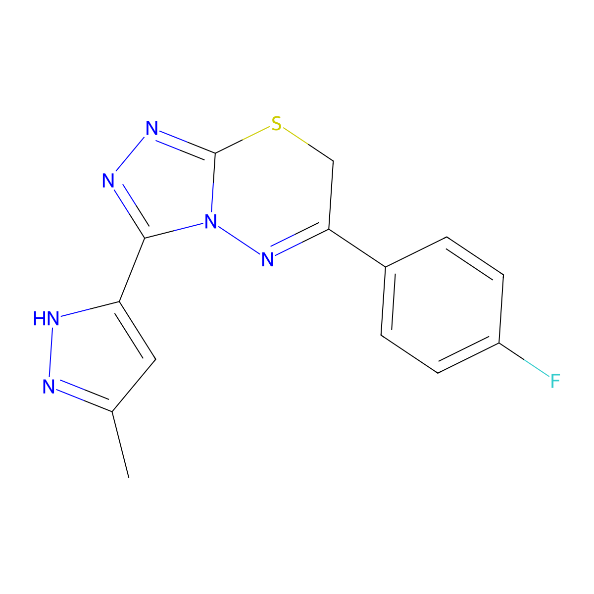 6-(4-fluorophenyl)-3-(5-methyl-1H-pyrazol-3-yl)-7H-[1,2,4]triazolo[3,4-b][1,3,4]thiadiazine molecular structure, CAS 850228-01-2