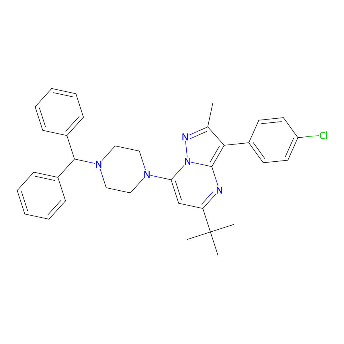 5-Tert-butyl-3-(4-chlorophenyl)-7-[4-(diphenylmethyl)piperazin-1-yl]-2-methylpyrazolo[1,5-a]pyrimidine molecular structure, CAS 850228-03-4