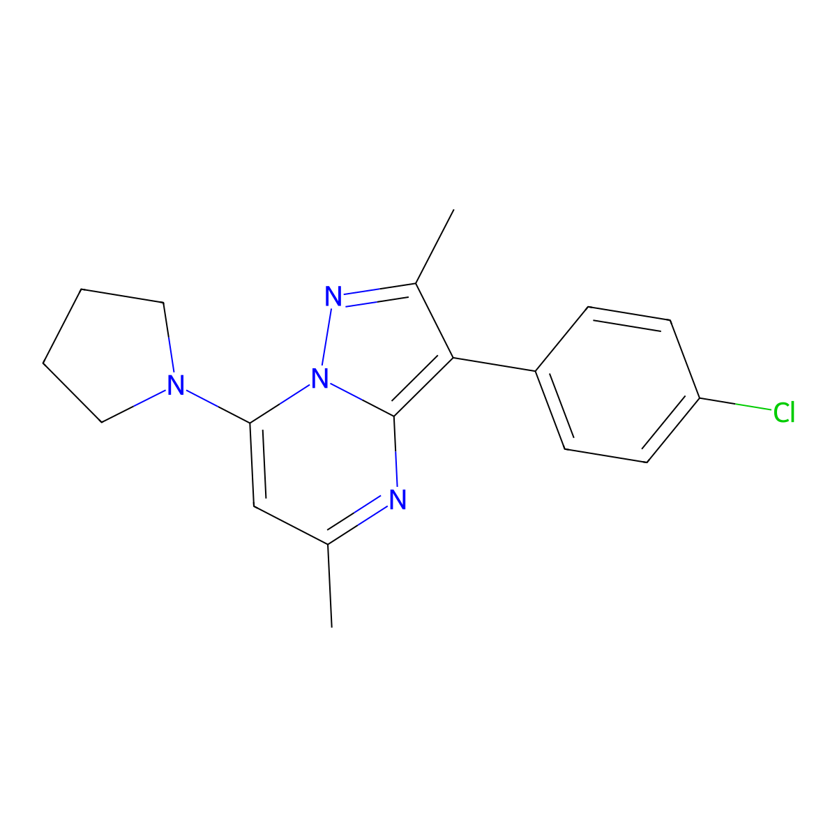 3-(4-Chlorophenyl)-2,5-dimethyl-7-(pyrrolidin-1-yl)pyrazolo[1,5-a]pyrimidine molecular structure, CAS 850228-80-7