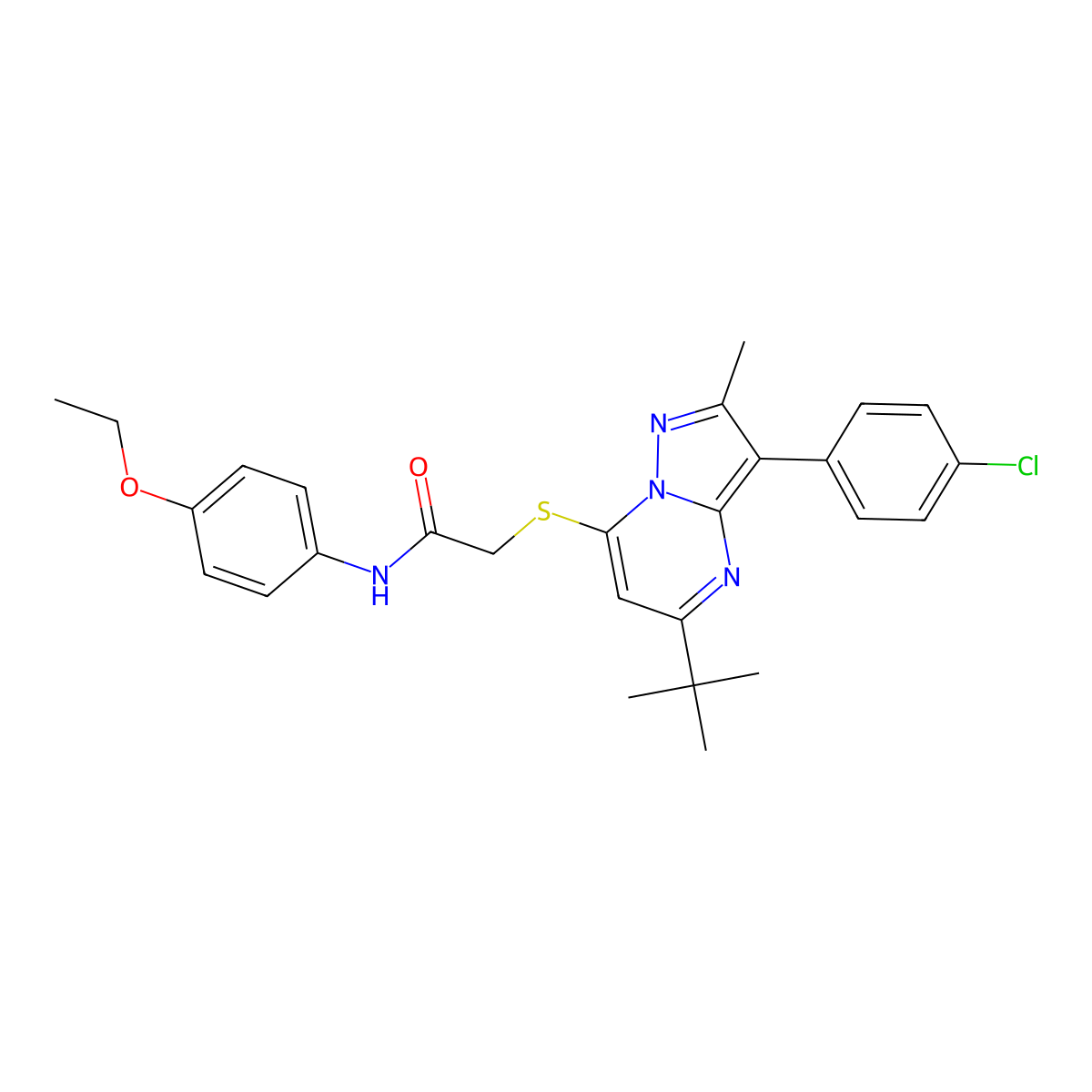 2-{[5-tert-butyl-3-(4-chlorophenyl)-2-methylpyrazolo[1,5-a]pyrimidin-7-yl]sulfanyl}-N-(4-ethoxyphenyl)acetamide molecular structure, CAS 850229-67-3