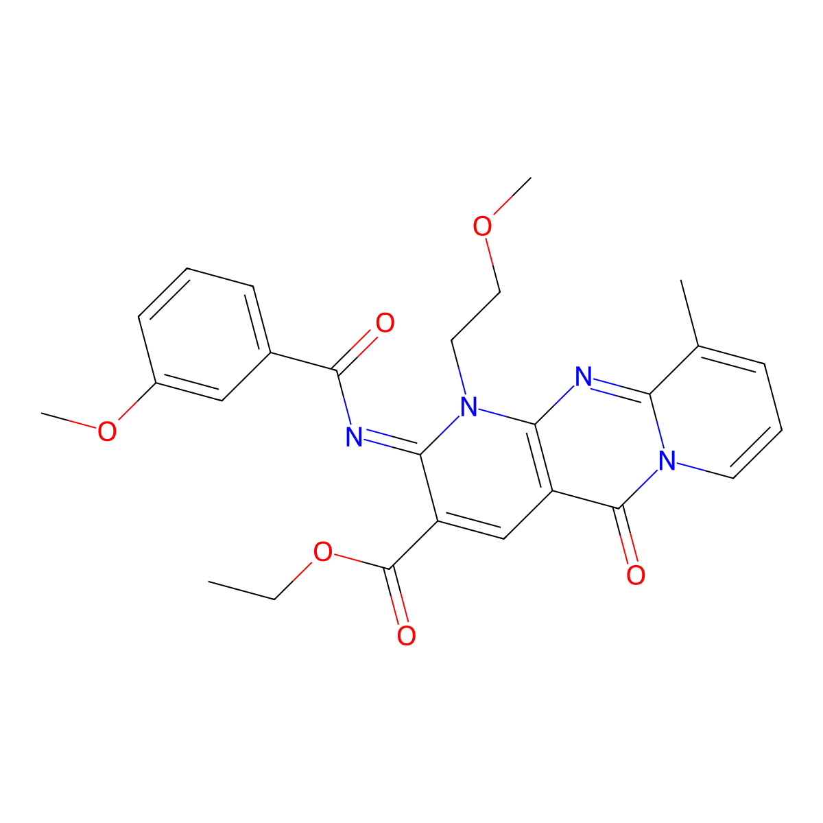 ethyl 2-[(3-methoxybenzoyl)imino]-1-(2-methoxyethyl)-10-methyl-5-oxo-1,5-dihydro-2H-dipyrido[1,2-a:2,3-d]pyrimidine-3-carboxylate molecular structure, CAS 850229-84-4