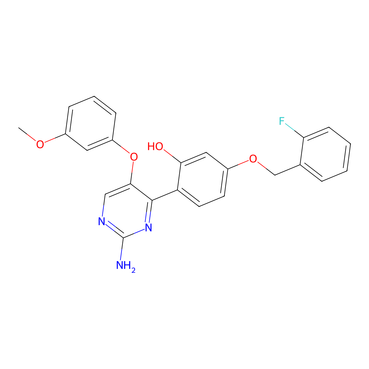 2-(2-Amino-5-(3-methoxyphenoxy)pyrimidin-4-yl)-5-((2-fluorobenzyl)oxy)phenol molecular structure, CAS 850230-09-0
