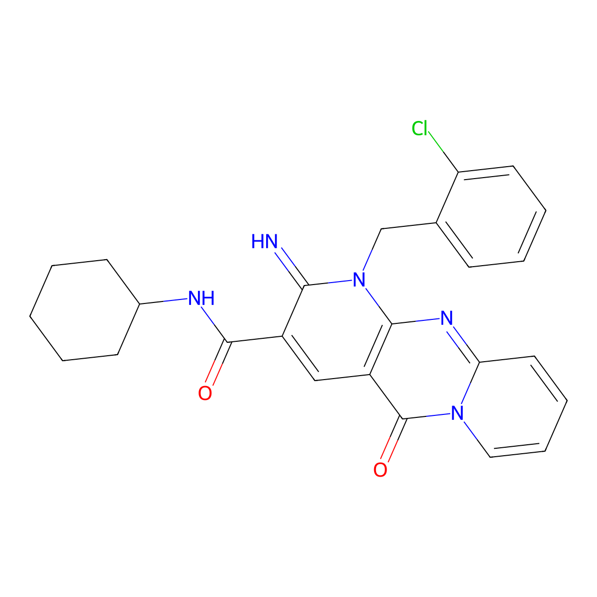 1-(2-chlorobenzyl)-N-cyclohexyl-2-imino-5-oxo-1,5-dihydro-2H-dipyrido[1,2-a:2',3'-d]pyrimidine-3-carboxamide molecular structure, CAS 850230-56-7