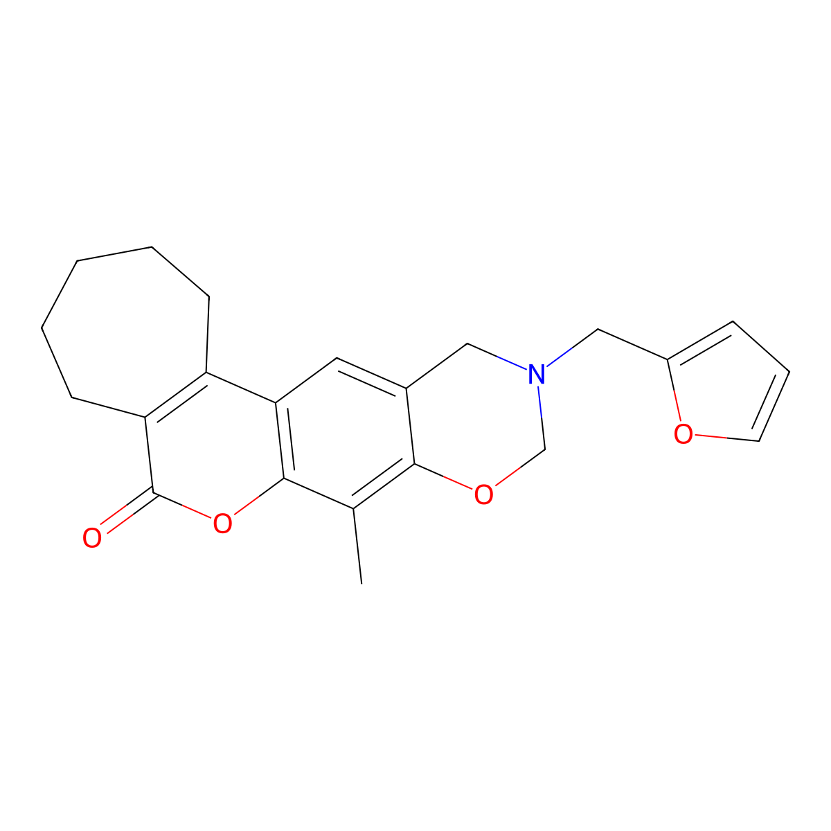 11-(2-furylmethyl)-8-methyl-2,3,4,5,11,12-hexahydro-10H-cyclohepta[3,4]chromeno[6,7-e][1,3]oxazin-6(1H)-one molecular structure, CAS 850230-91-0