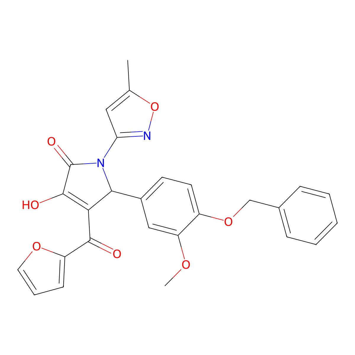 (4E)-5-[4-(benzyloxy)-3-methoxyphenyl]-4-[furan-2-yl(hydroxy)methylidene]-1-(5-methyl-1,2-oxazol-3-yl)pyrrolidine-2,3-dione molecular structure, CAS 850230-99-8