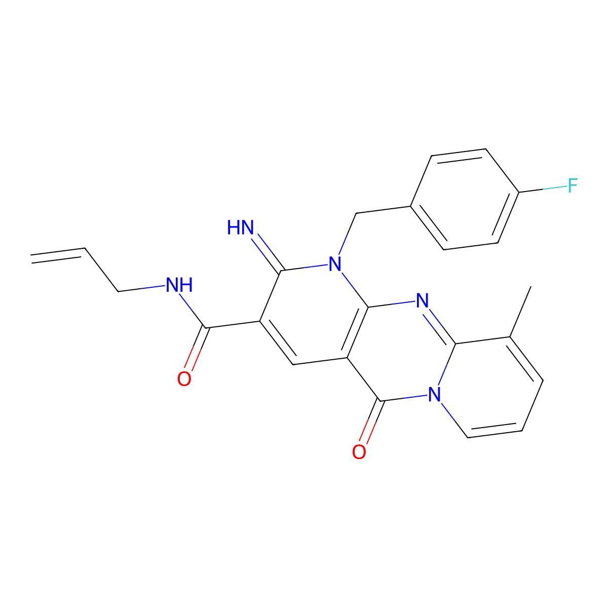 7-[(4-fluorophenyl)methyl]-6-imino-11-methyl-2-oxo-N-(prop-2-en-1-yl)-1,7,9-triazatricyclo[8.4.0.0^{3,8}]tetradeca-3(8),4,9,11,13-pentaene-5-carboxamide molecular structure, CAS 850231-77-5