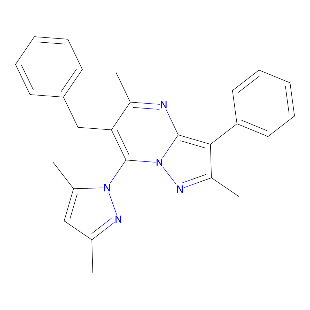 6-benzyl-7-(3,5-dimethyl-1H-pyrazol-1-yl)-2,5-dimethyl-3-phenylpyrazolo[1,5-a]pyrimidine molecular structure, CAS 850235-10-8