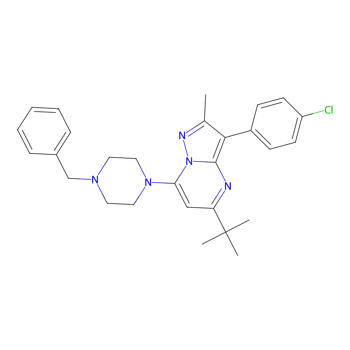 7-(4-Benzylpiperazin-1-yl)-5-tert-butyl-3-(4-chlorophenyl)-2-methylpyrazolo[1,5-a]pyrimidine molecular structure, CAS 850235-78-8